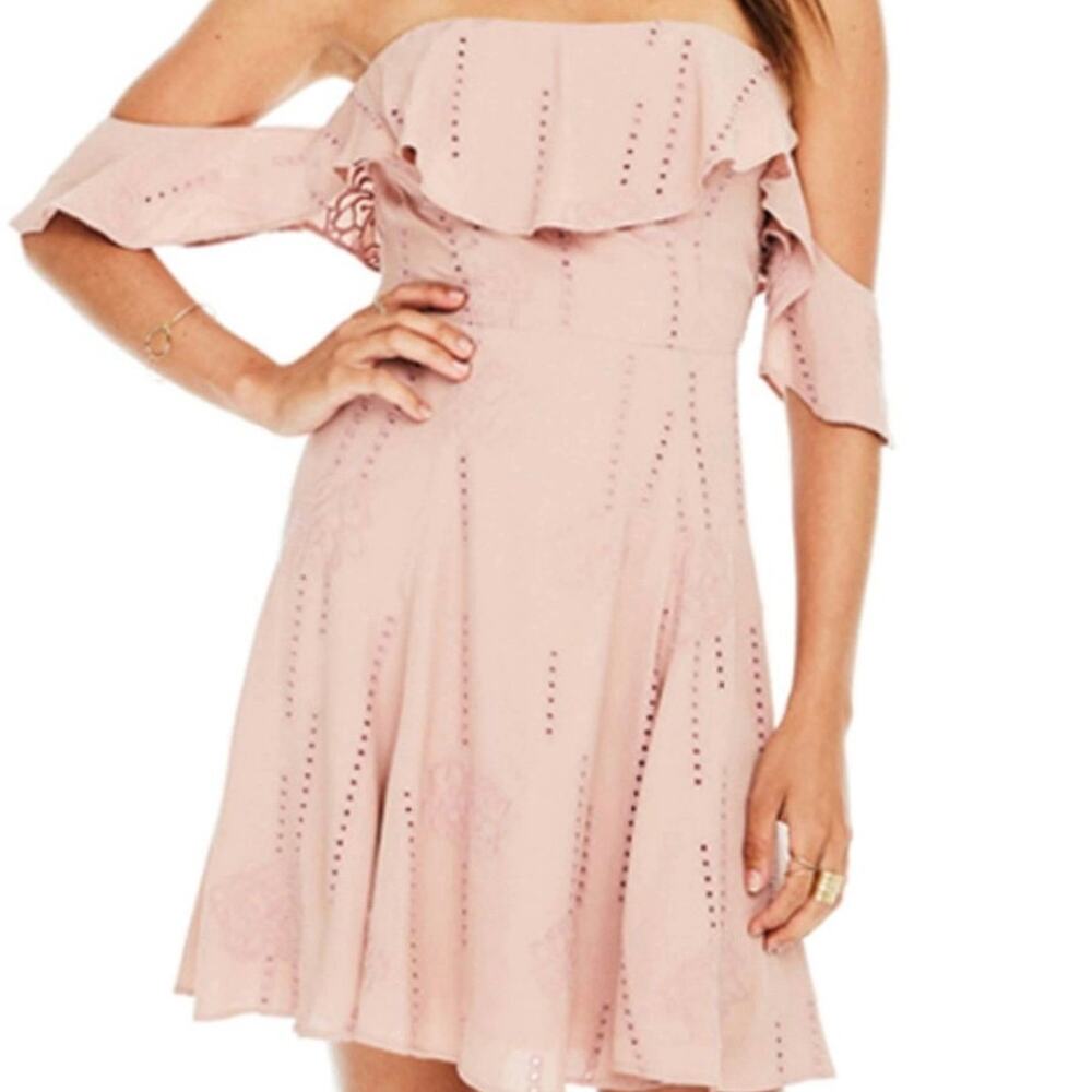 ASTR the Label Pink Floral Eyelet Strapless Flutter Sleeve Mini Dress Small